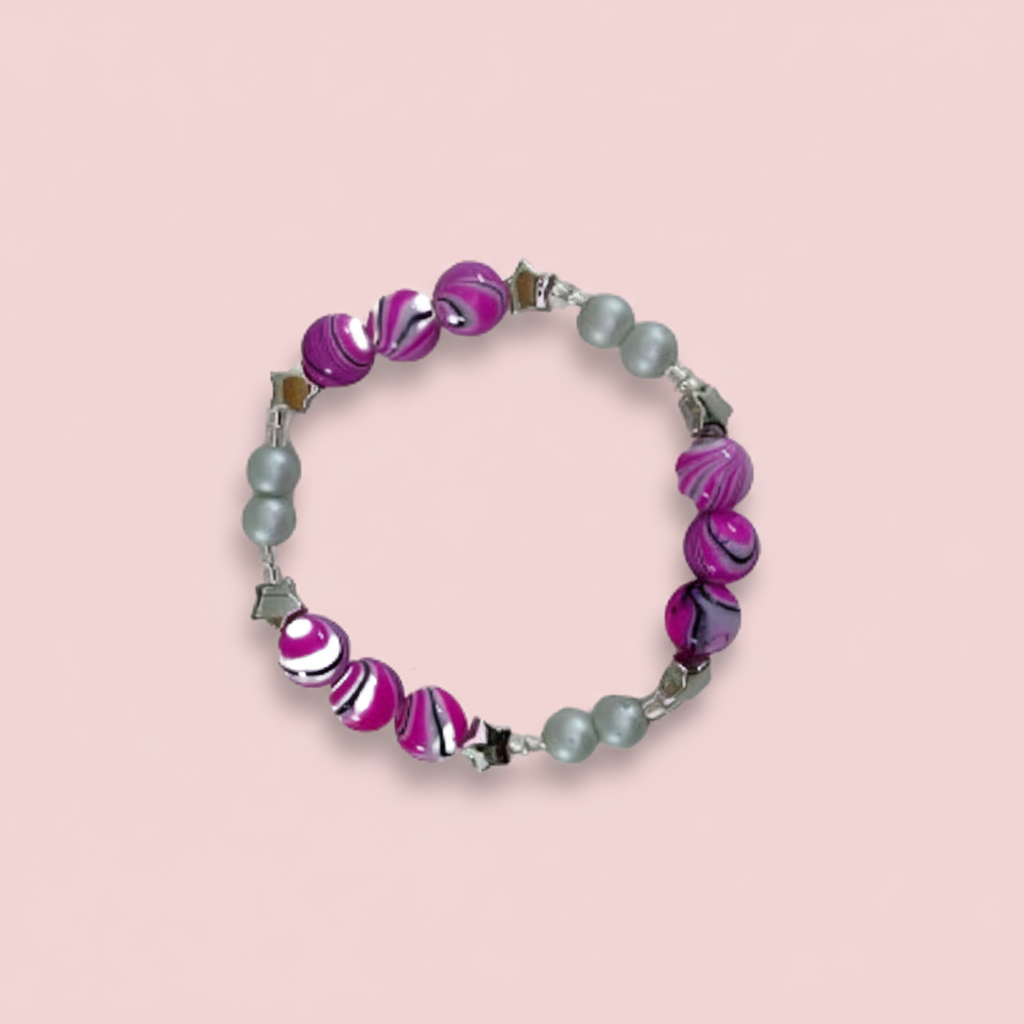 Bracelet - Small 6 inches Elastic purple 8mm beads & silver 4mm pearl beads with clear seed beads and silver spacer beads