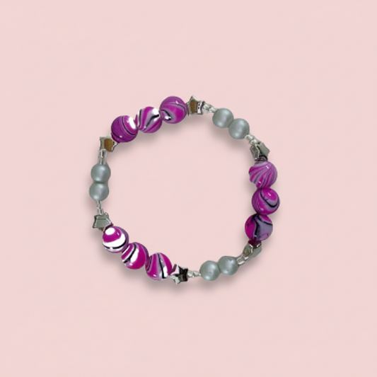 Bracelet - Small 6 inches Elastic purple 8mm beads & silver 4mm pearl beads with clear seed beads and silver spacer beads