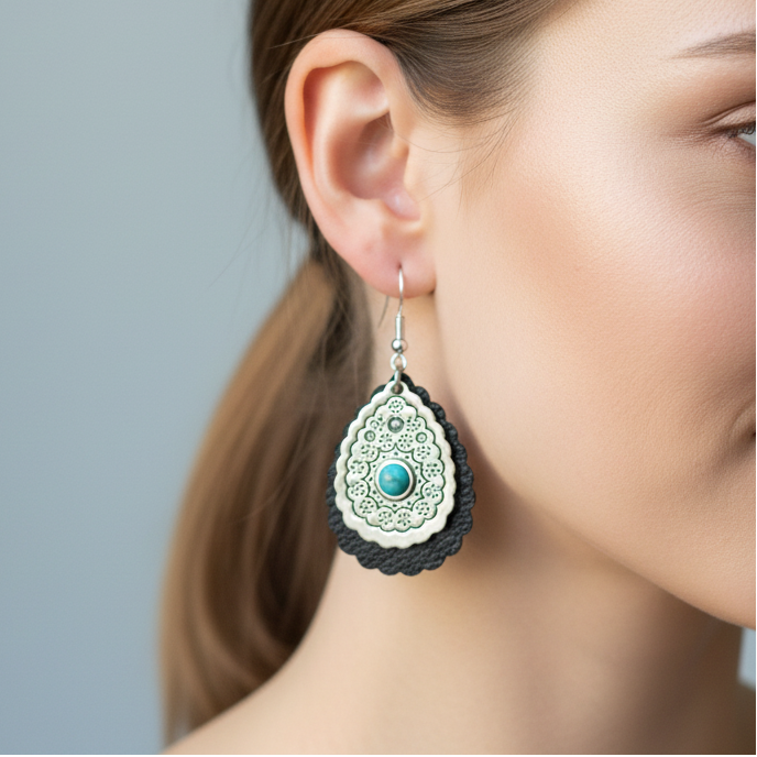 Black Leather Teardrop Earrings with Blue Bead and Silver Hooks