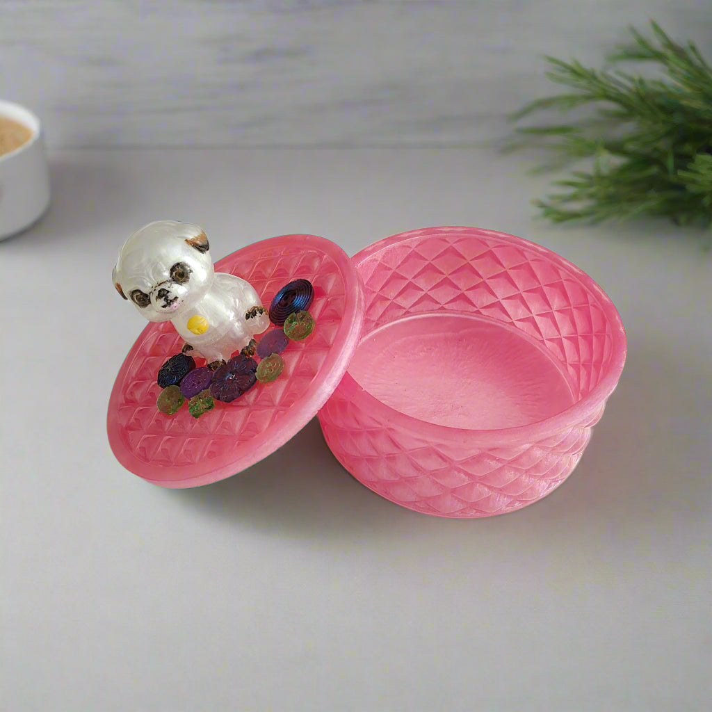 Handmade round resin trinket box with 3D pug dog lid for jewelry storage and home decor.