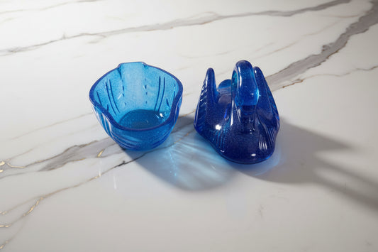 Blue glitter resin swan jewelry dish for home decor.