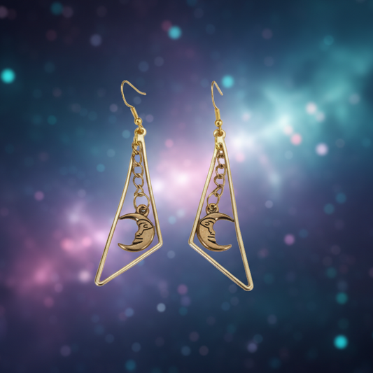 Add a touch of celestial sparkle to your look with these gorgeous golden earrings! Crafted with an intricate geometric triangle and featuring a delicate moon, these spring hook earrings provide an elegant finishing touch for any ensemble.