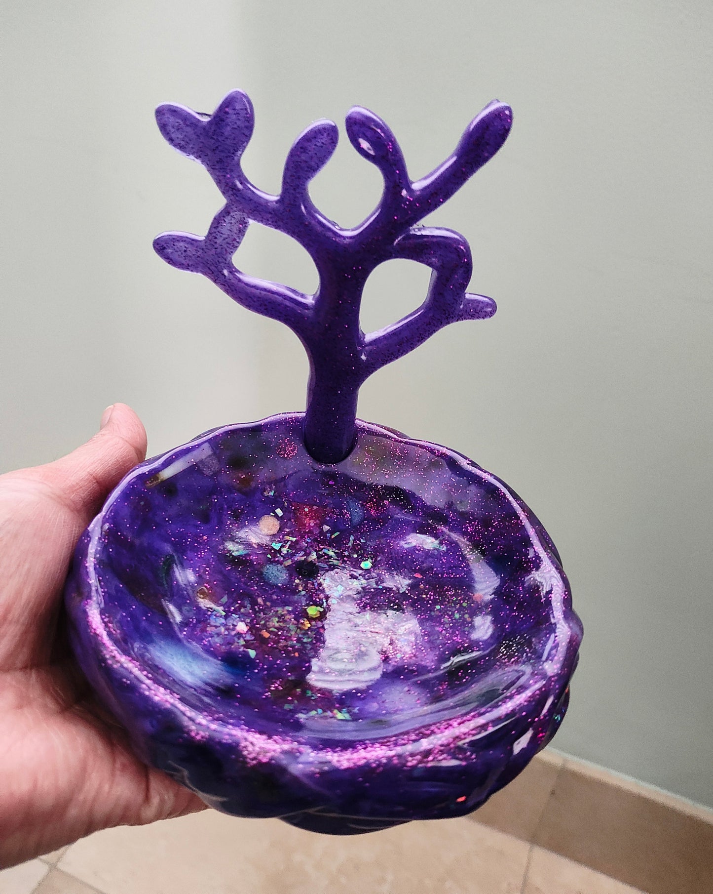 "Handmade purple resin jewelry stand with ring dish base."