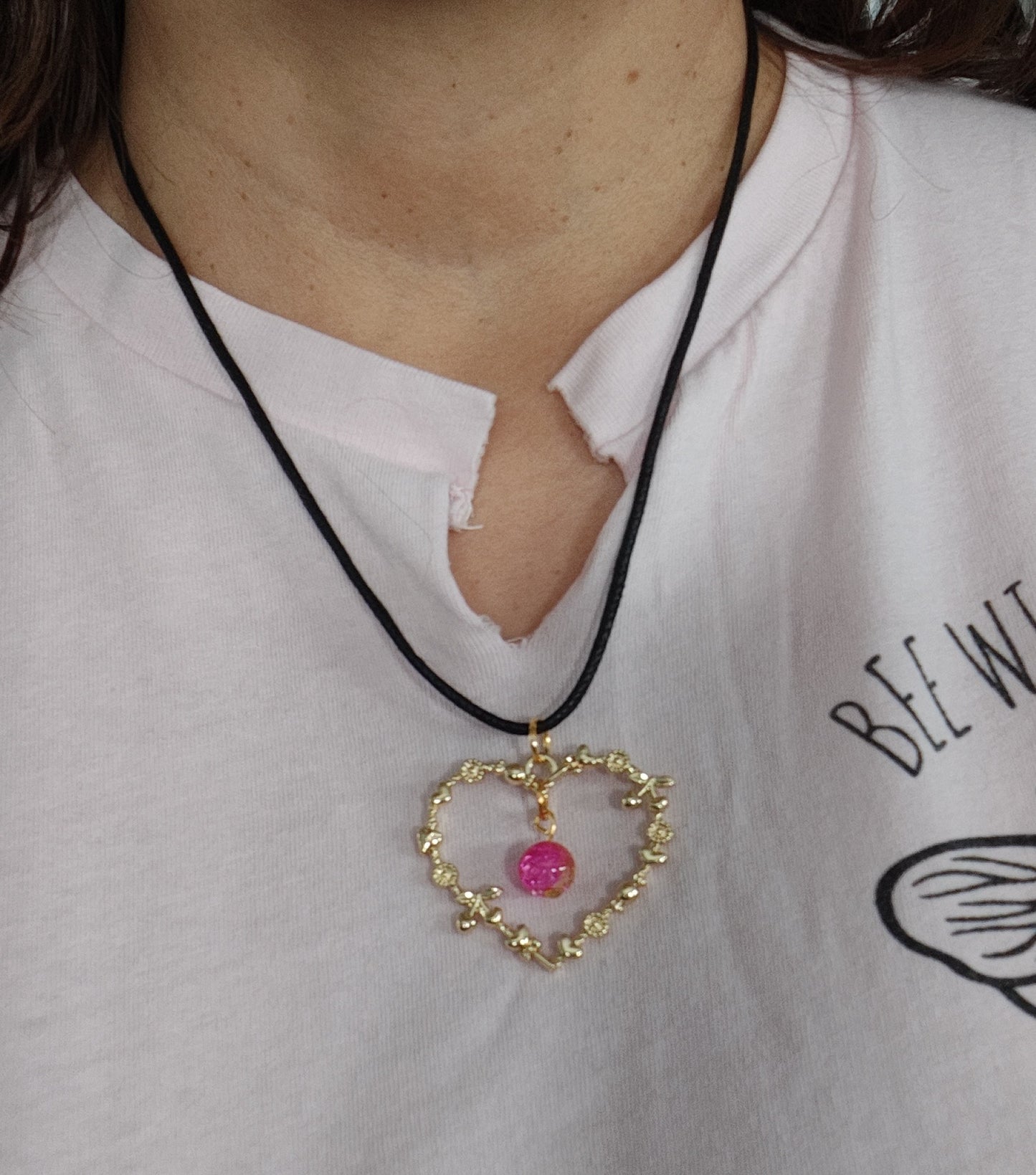 Necklace - 18.5 inches 2mm black waxed cord with gold heart charm and glass bead