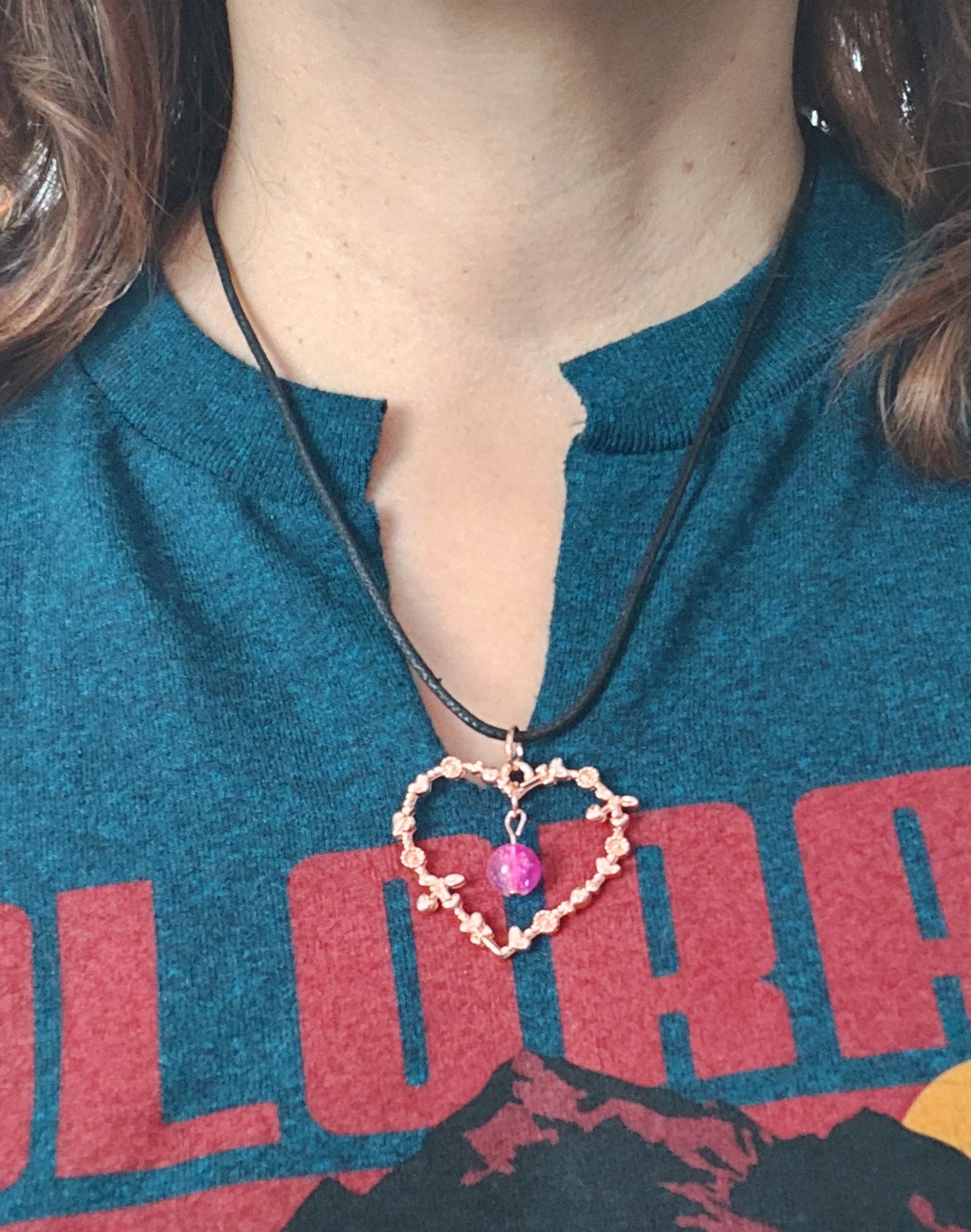 Necklace - 18.5 inches 2mm black waxed cord with rose gold heart charm and glass bead