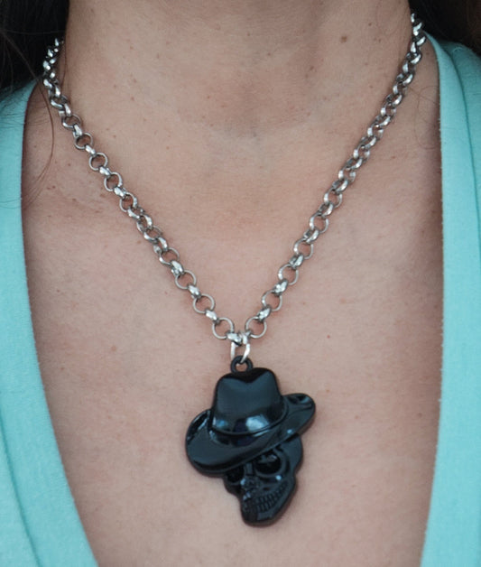 Necklace - 18 inches silver chain with black skull charm and silver lobster Clasp