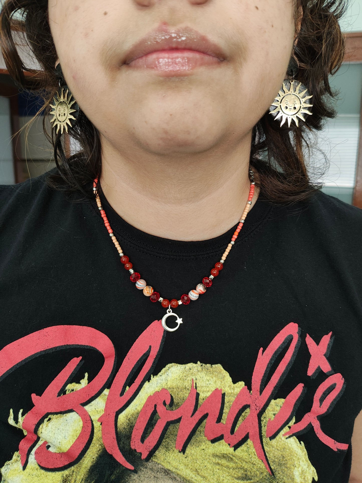 Necklace - 17 inches Silver Stainless Steel Link Cable Chain with orange/red seed beads, glass beads, and acrylic beads with silver moon charm