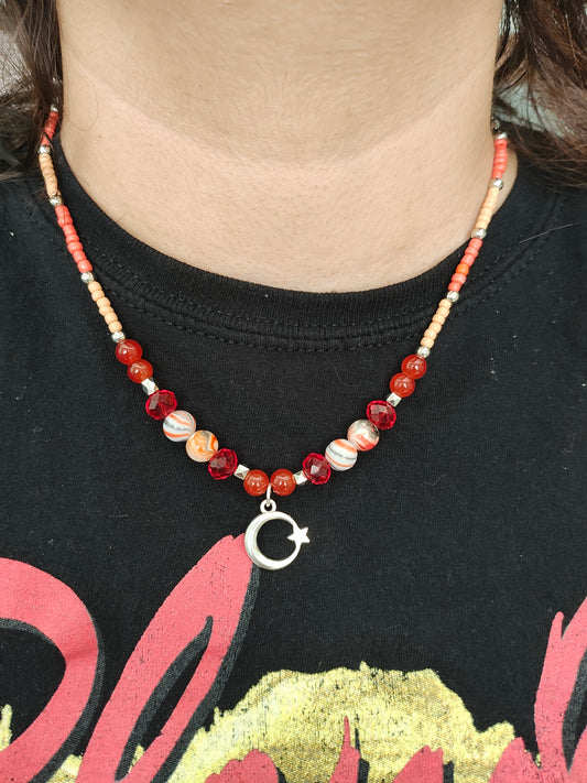 Necklace - 17 inches Silver Stainless Steel Link Cable Chain with orange/red seed beads, glass beads, and acrylic beads with silver moon charm
