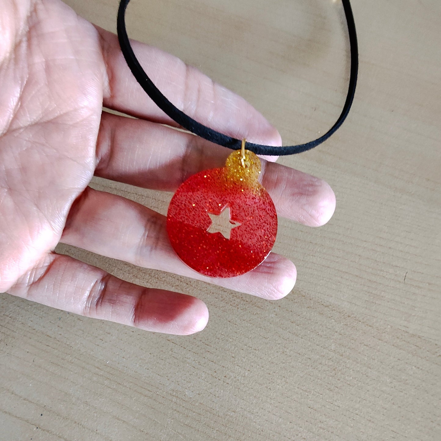 Necklace - 13.5 inches black suede cord with resin holiday pendant