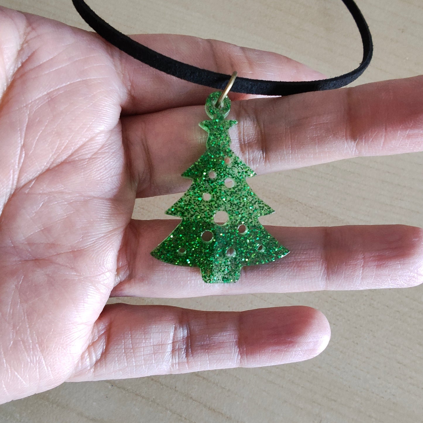 Necklace - 13.5 inches black suede cord with resin holiday pendant