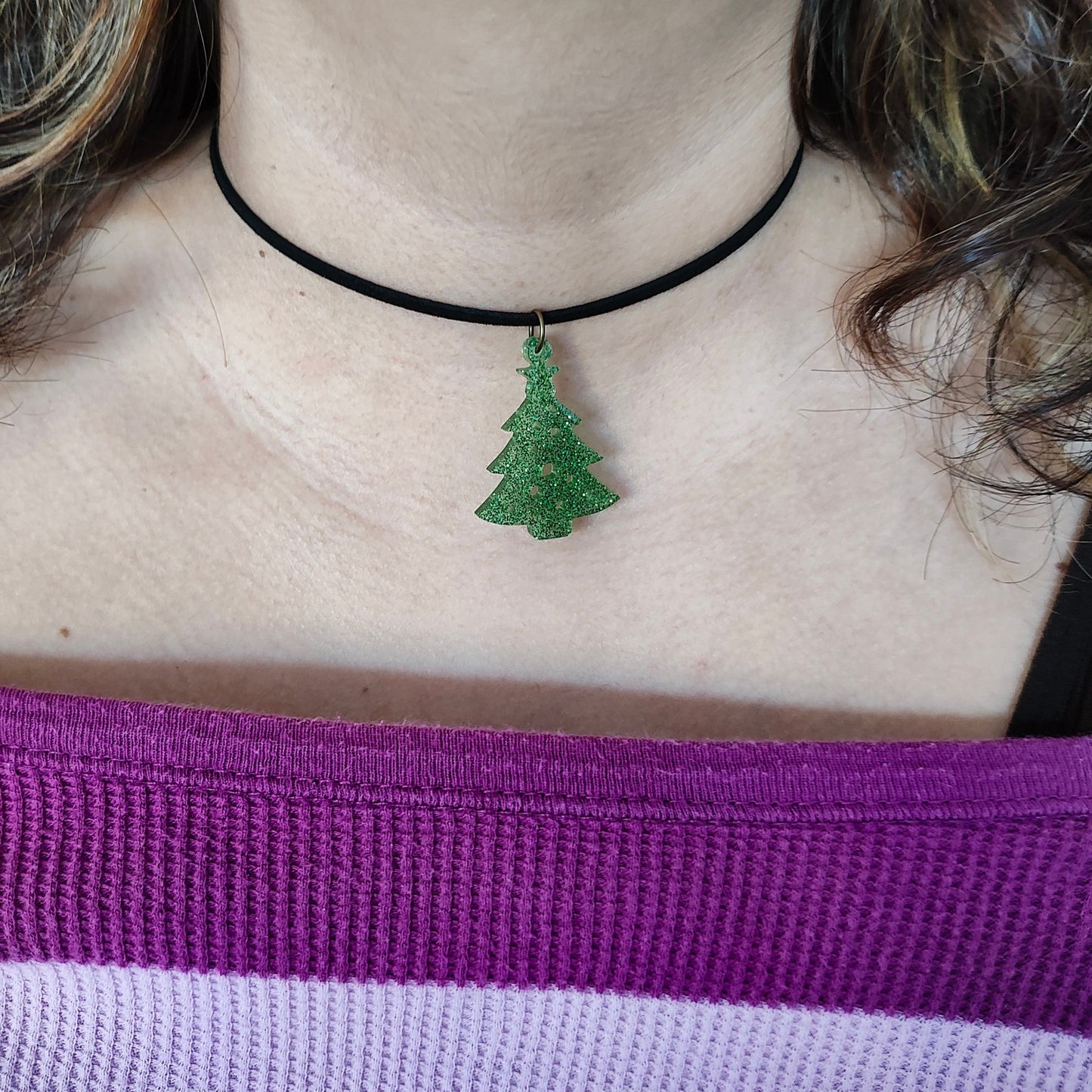 Necklace - 13.5 inches black suede cord with resin holiday pendant