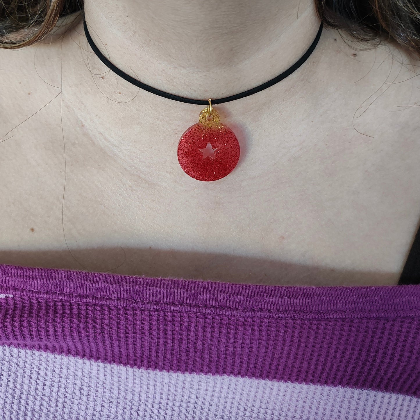 Necklace - 13.5 inches black suede cord with resin holiday pendant