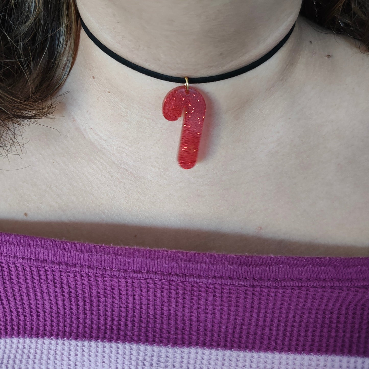 Necklace - 11.5 inches black suede cord with resin holiday pendant