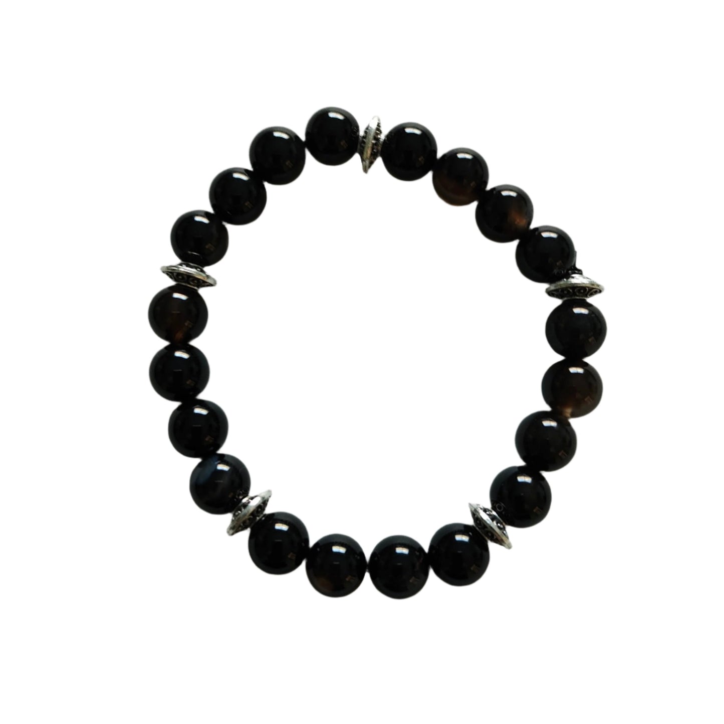 Bracelet - Elastic 6mm black stripe agate natural gemstone with silver spacer beads