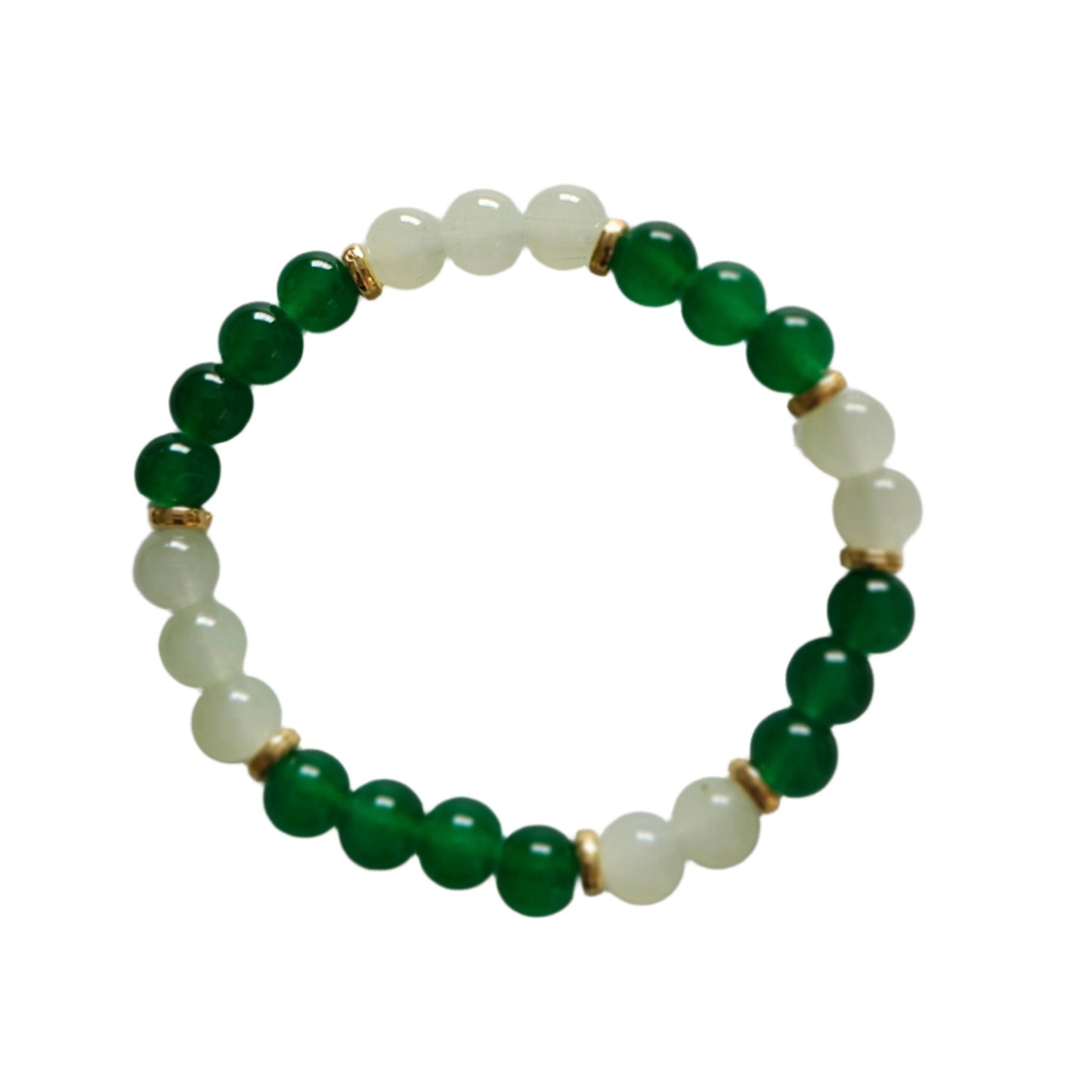 Bracelet - Elastic Green 8mm glass beads with gold spacer beads
