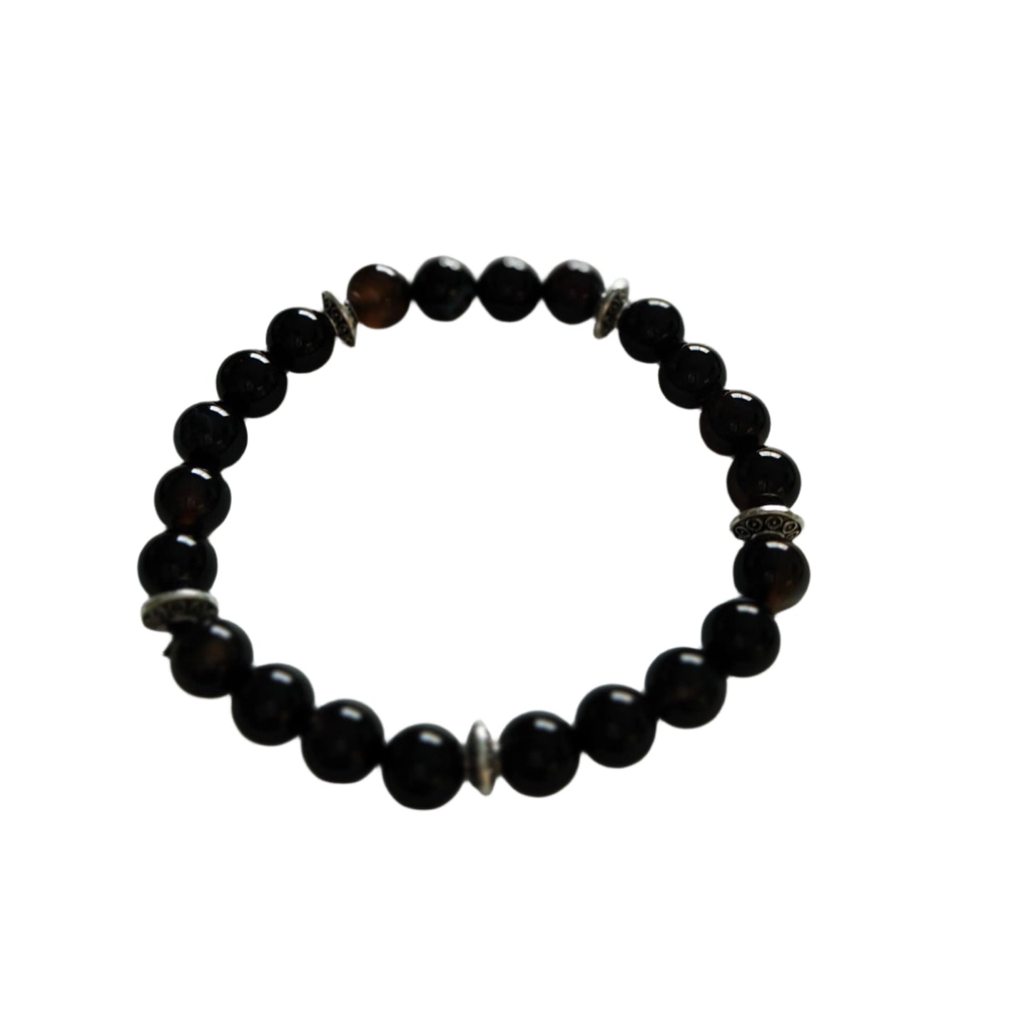 Bracelet - Elastic 6mm black stripe agate natural gemstone with silver spacer beads