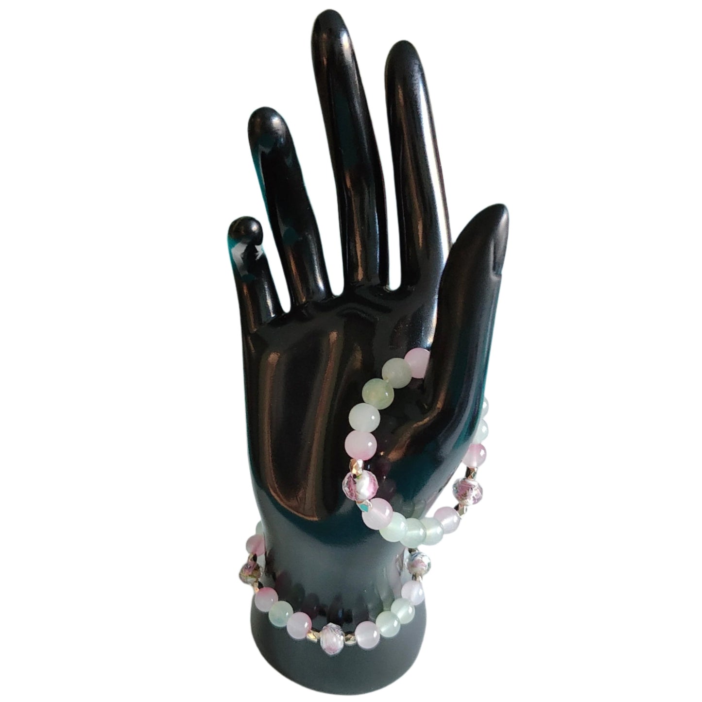 Bracelet - Elastic 9mm rose gold sand lampwork beads 8mm pink and green glass beads with gold rose spacer beads