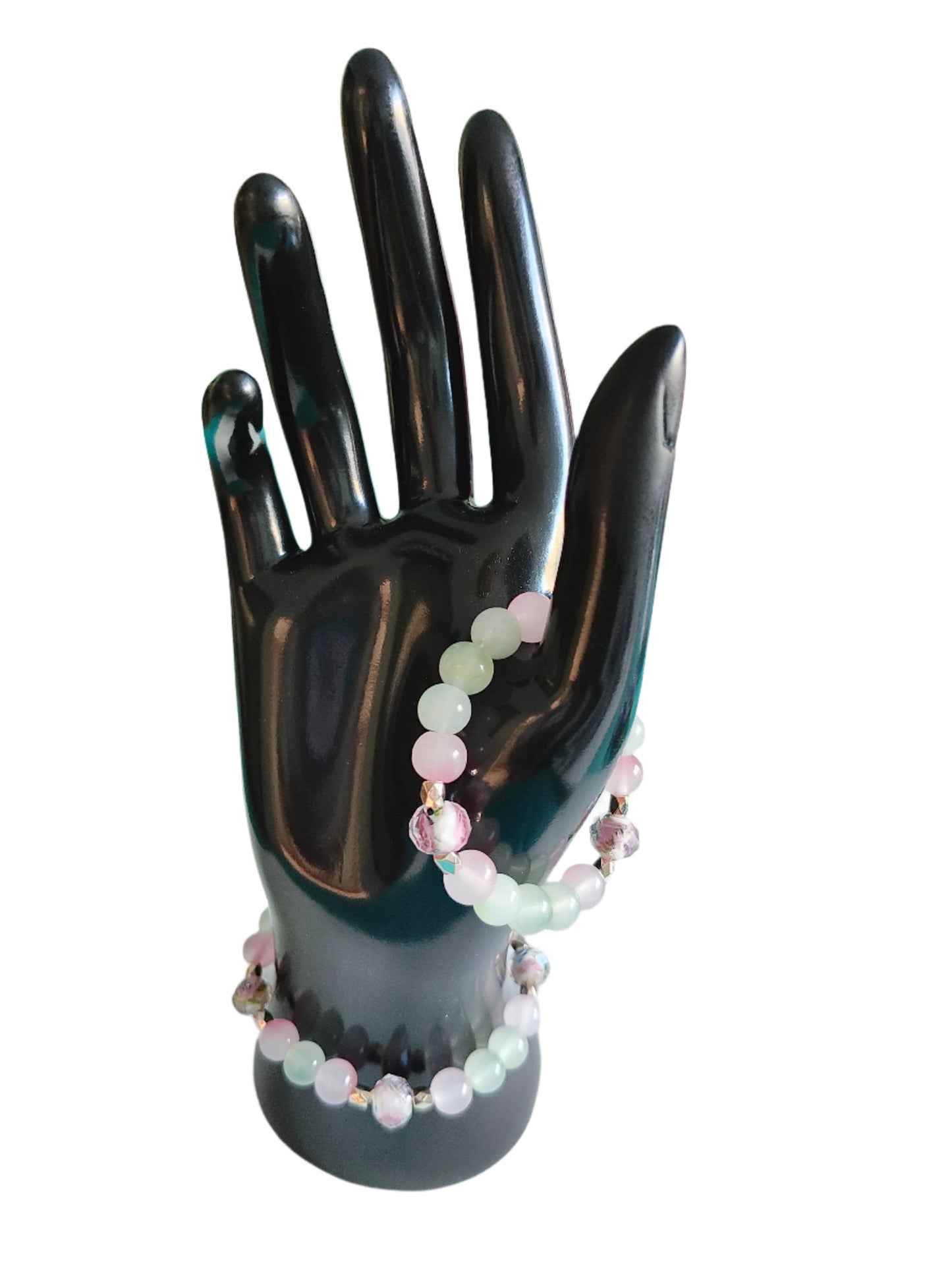 Bracelet - Elastic 9mm rose gold sand lampwork beads 8mm pink and green glass beads with gold rose spacer beads