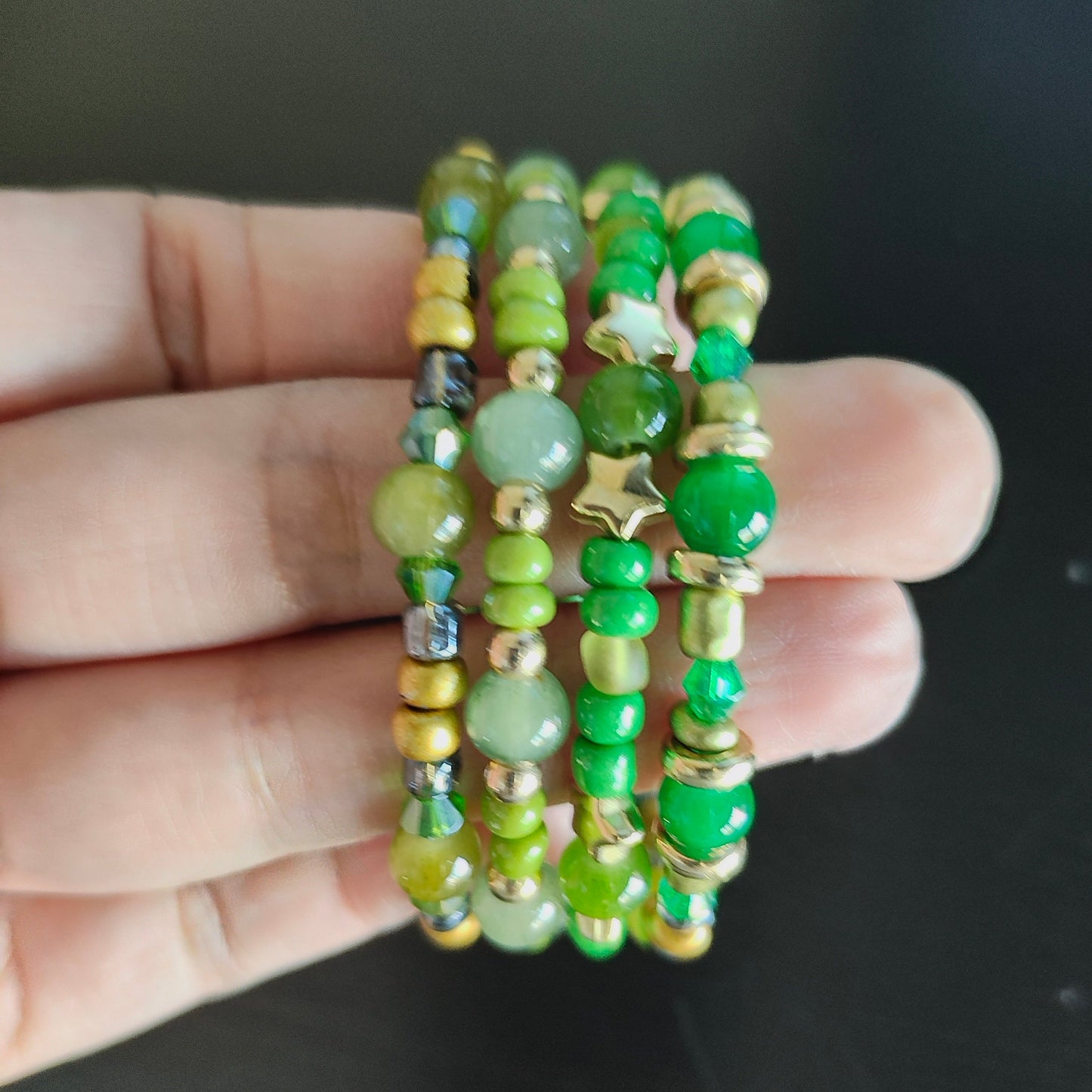 Bracelet - 4 coil Green beads with gold spacer beads memory wire bracelet