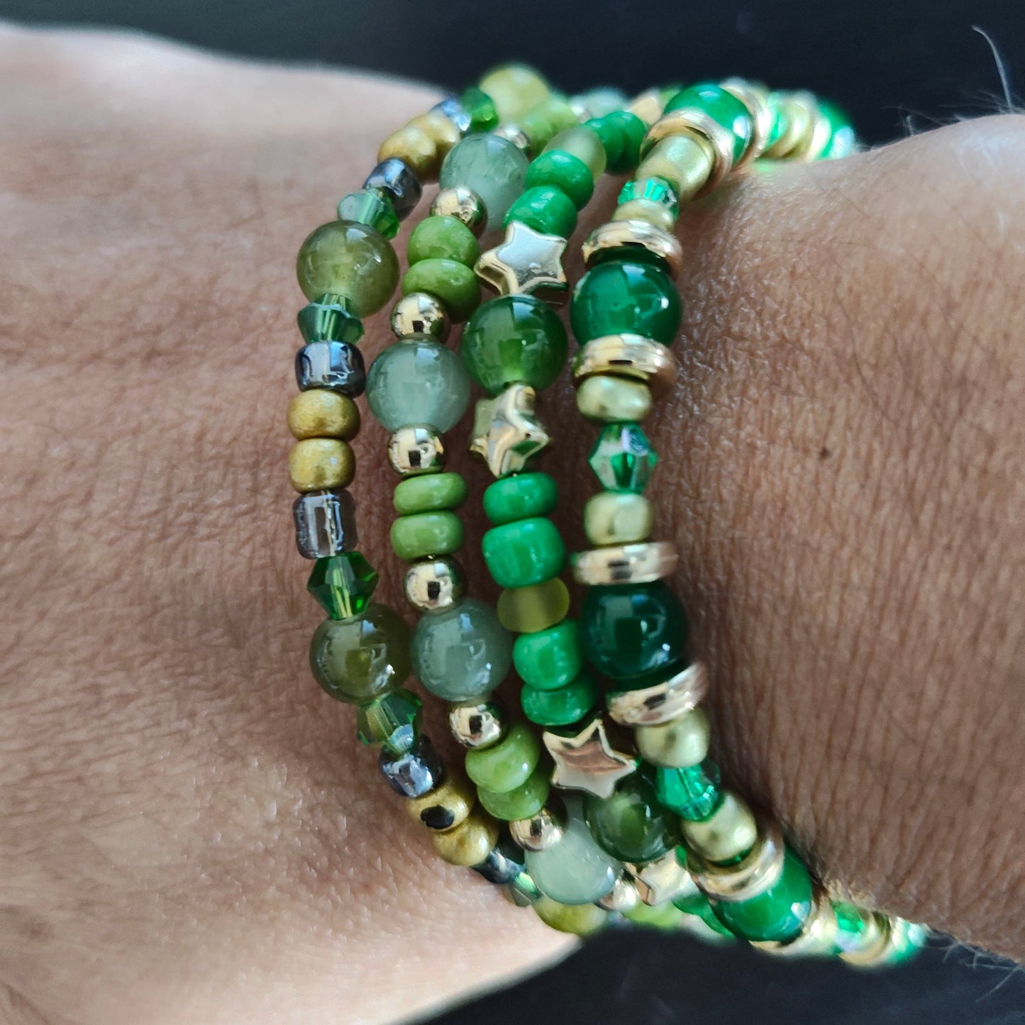 Bracelet - 4 coil Green beads with gold spacer beads memory wire bracelet