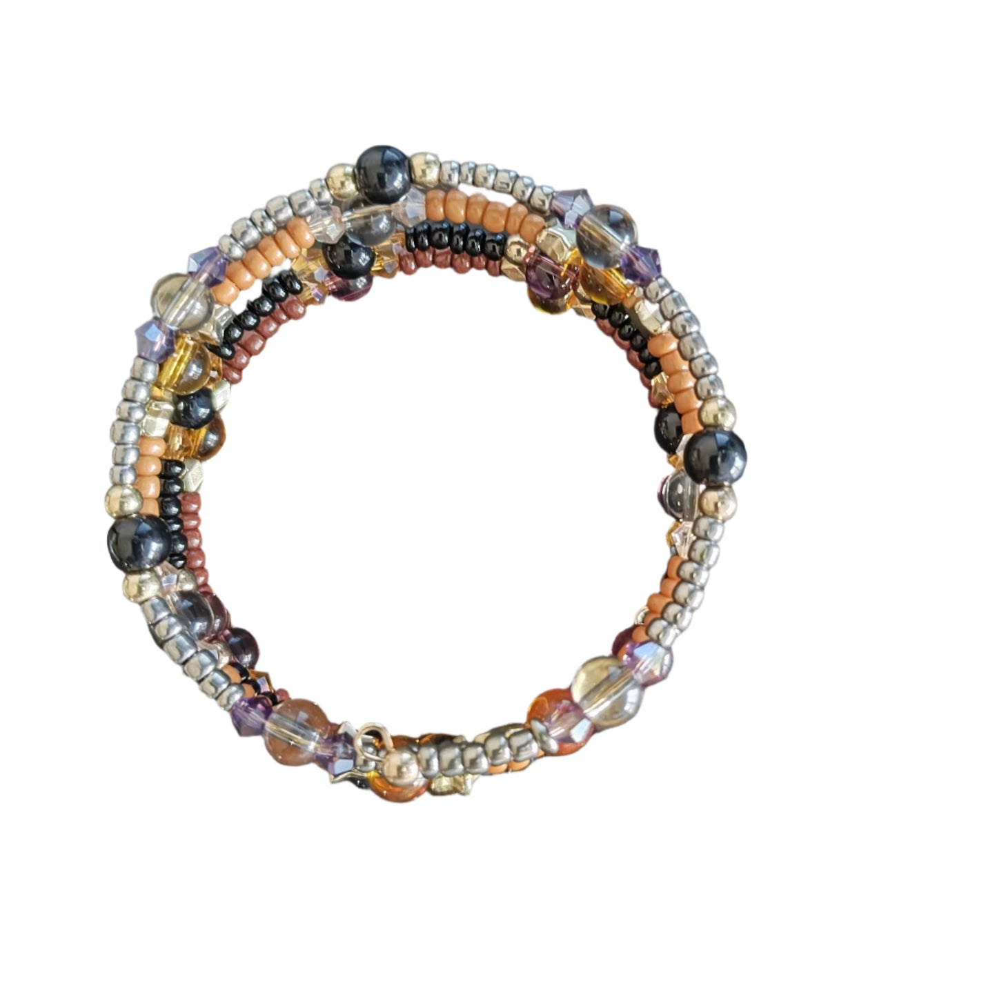 Bracelet - 4 coil Black & tan beads with gold spacer beads memory wire bracelet