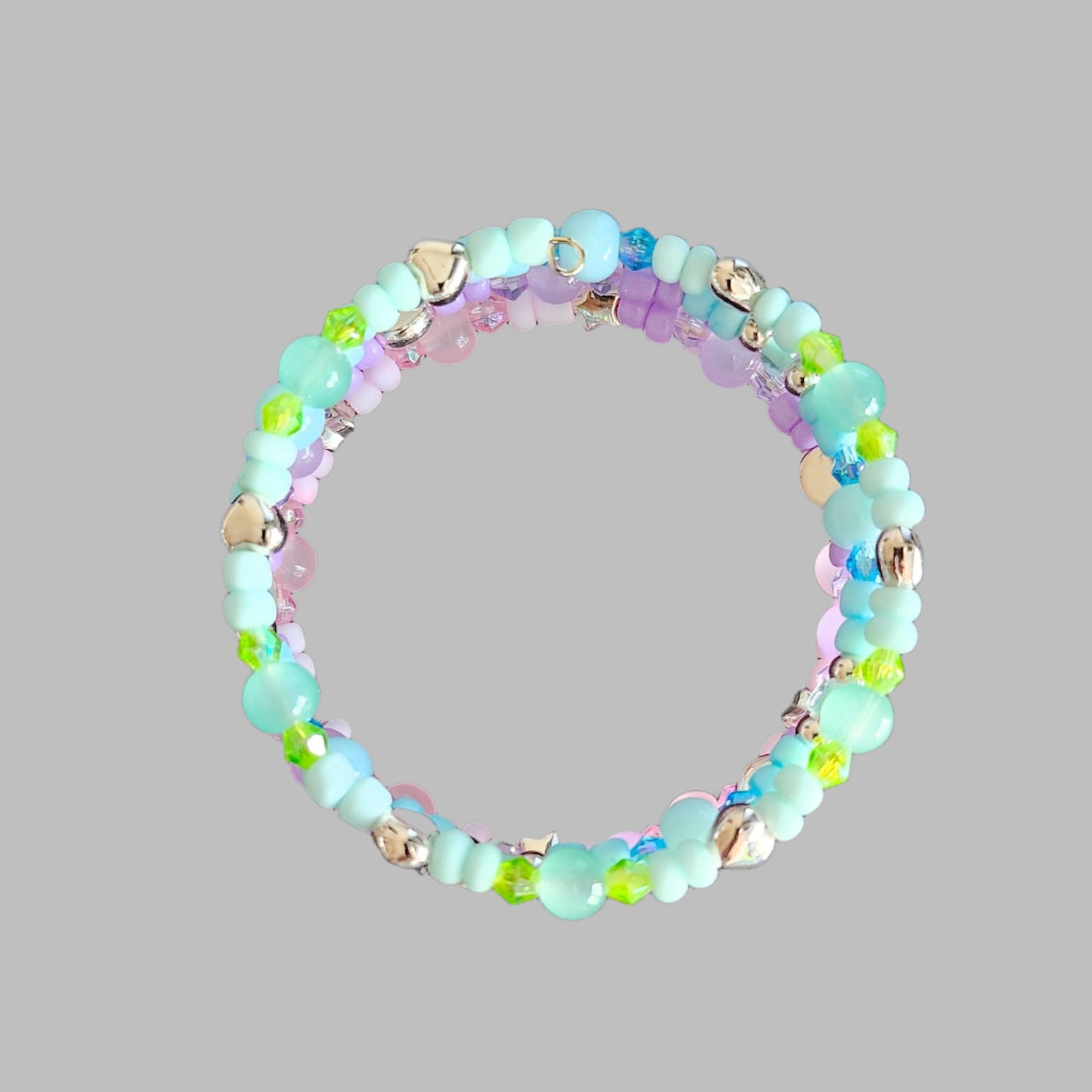 Bracelet - 4 coil Pink, purple, blue, and green beads with rose gold spacer beads memory wire bracelet