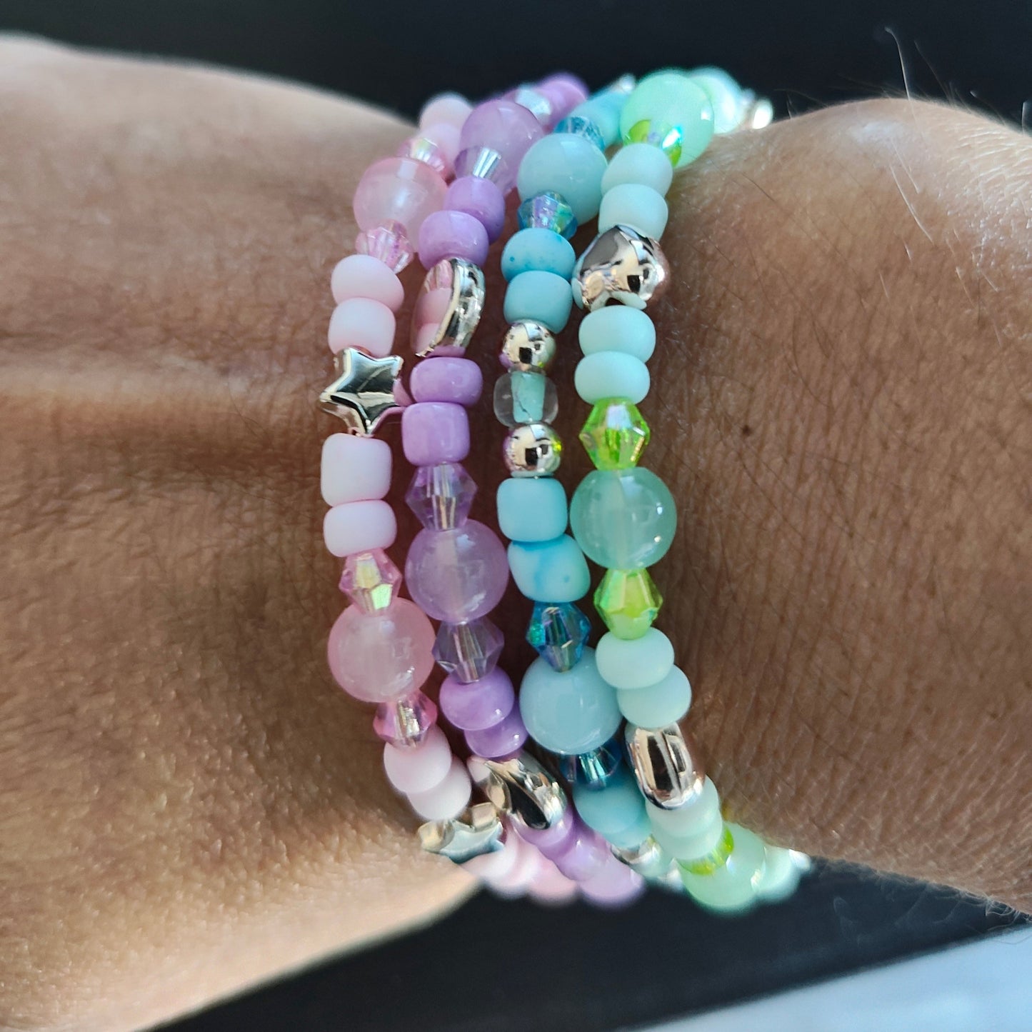 Bracelet - 4 coil Pink, purple, blue, and green beads with rose gold spacer beads memory wire bracelet