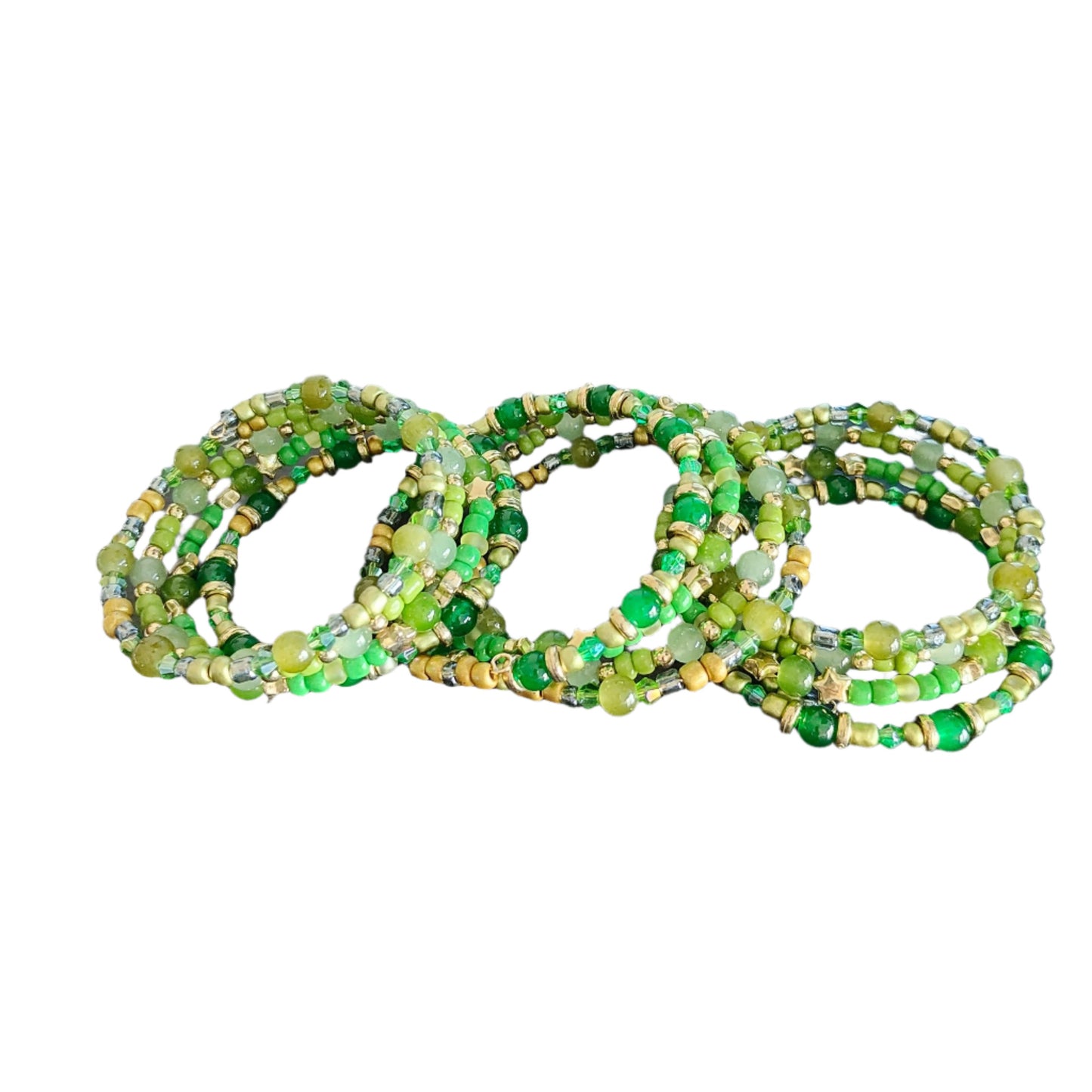 Bracelet - 4 coil Green beads with gold spacer beads memory wire bracelet