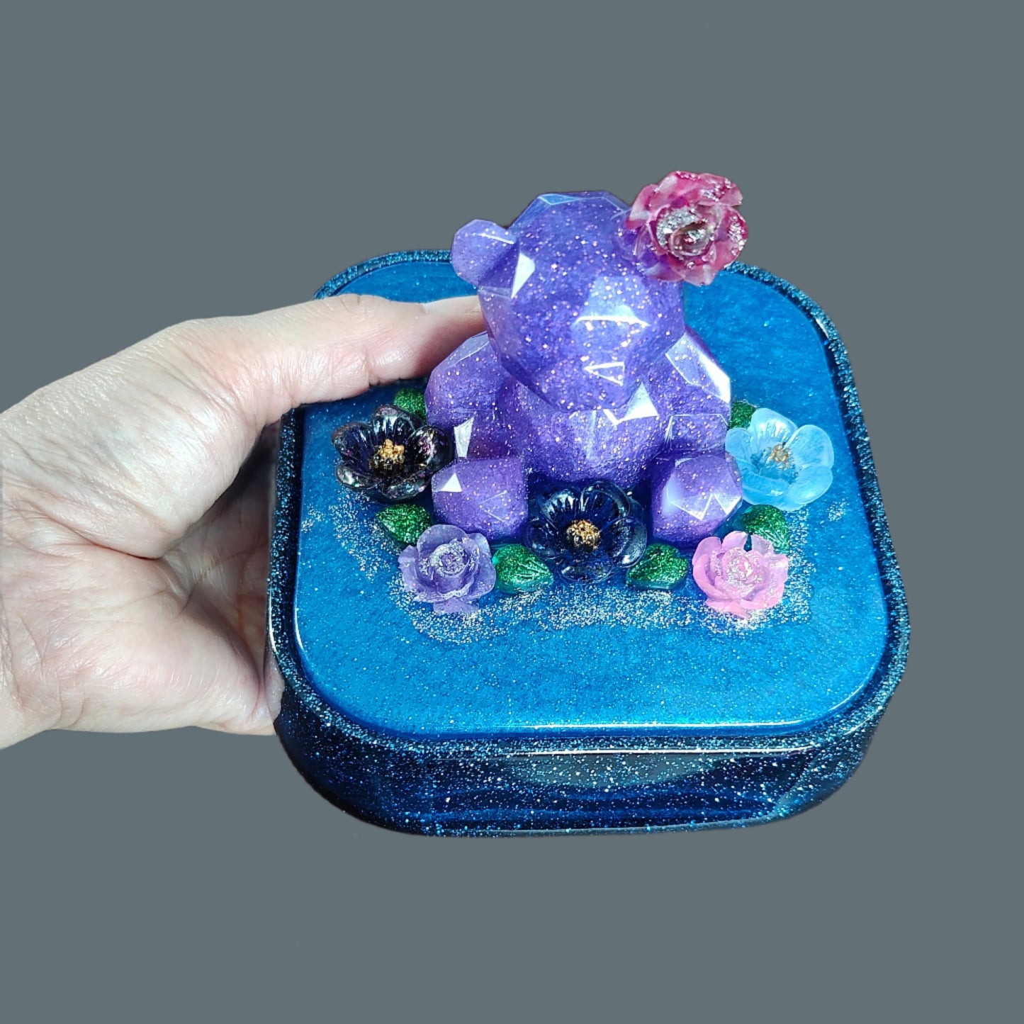 Large resin square jewelry/trinket box with bear & flowers lid