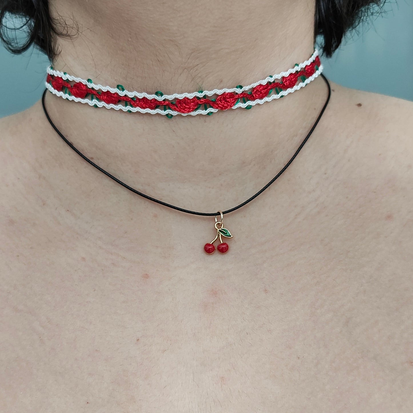 Necklace - Choker red rose lace with one polyester strand and a cherry charm