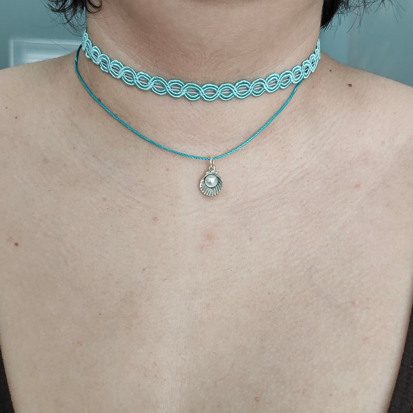 Necklace - Choker aqua lace ribbon with one polyester strand and a clam shell with acrylic white pearl bead charm