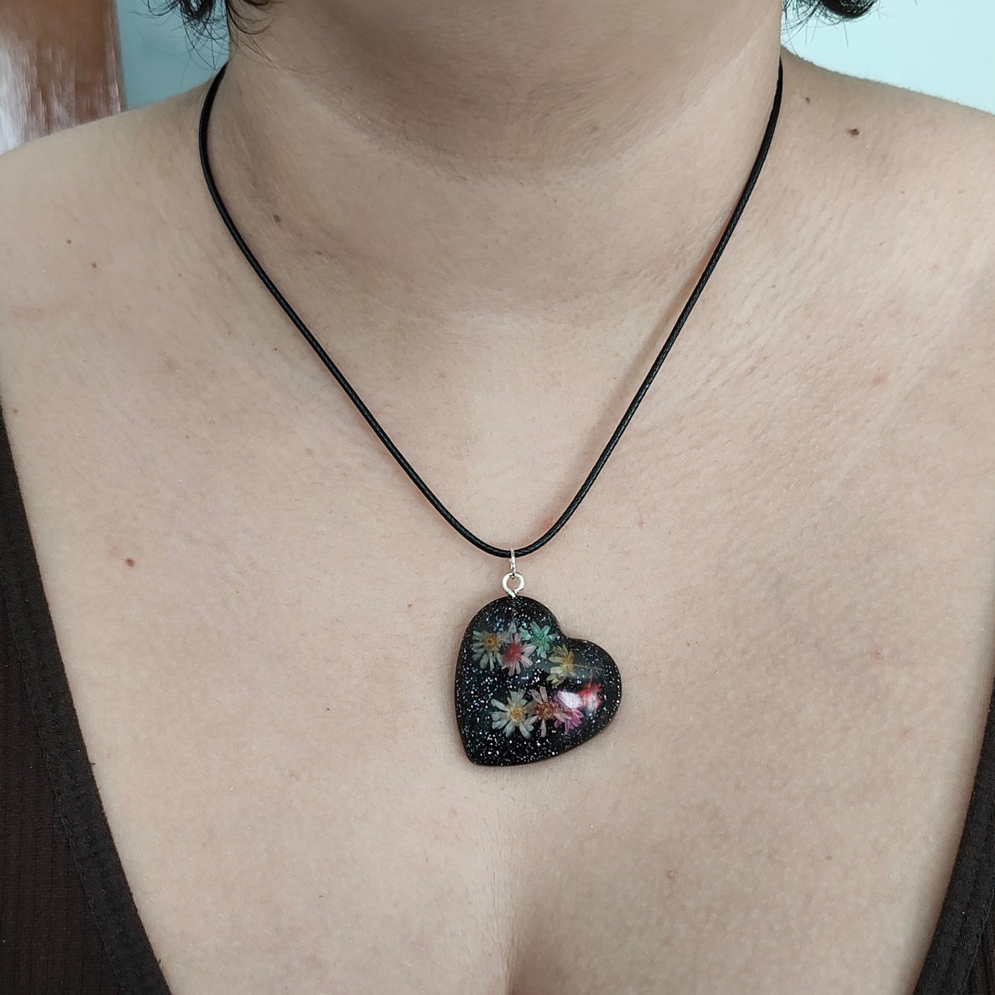 Necklace - 17.5 inches black waxed cord with resin dried flowers pendant
