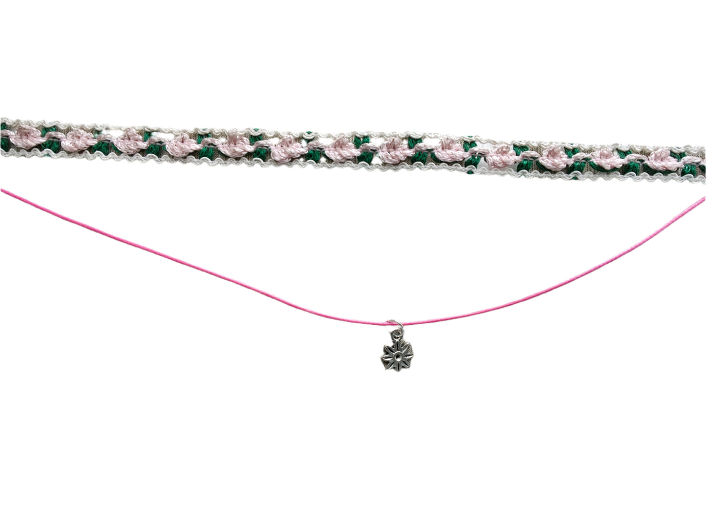 Necklace - Choker pink rose lace with one polyester strand and a flower charm