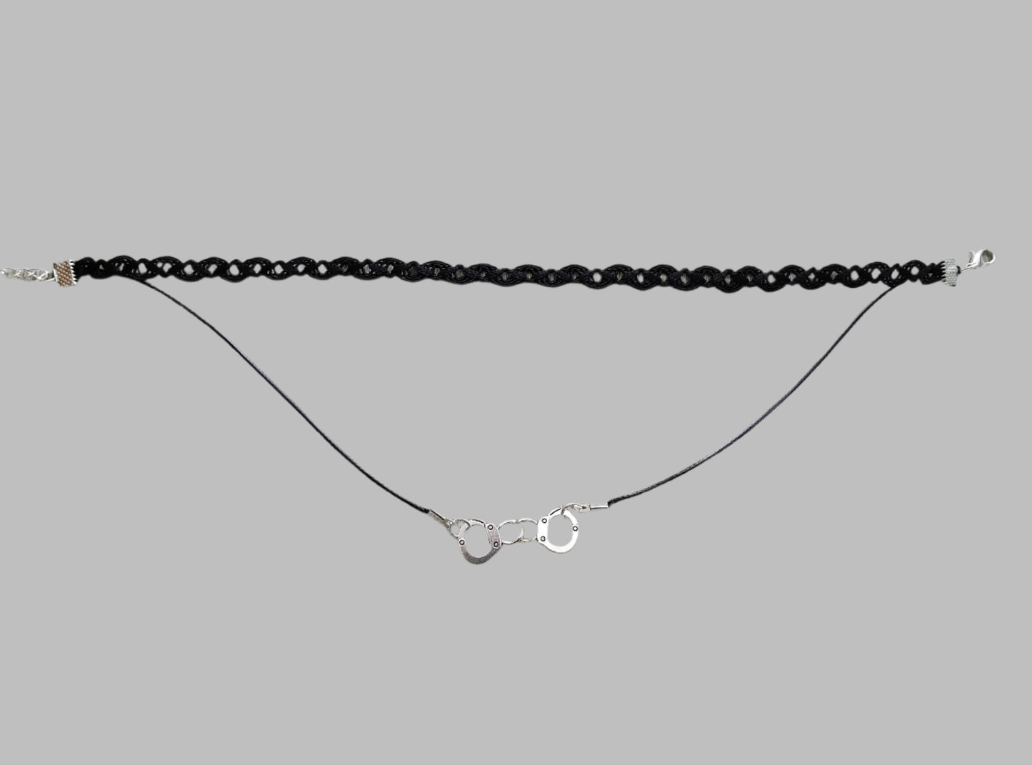 Necklace - Choker black lace ribbon with one polyester strand and a handcuff charm