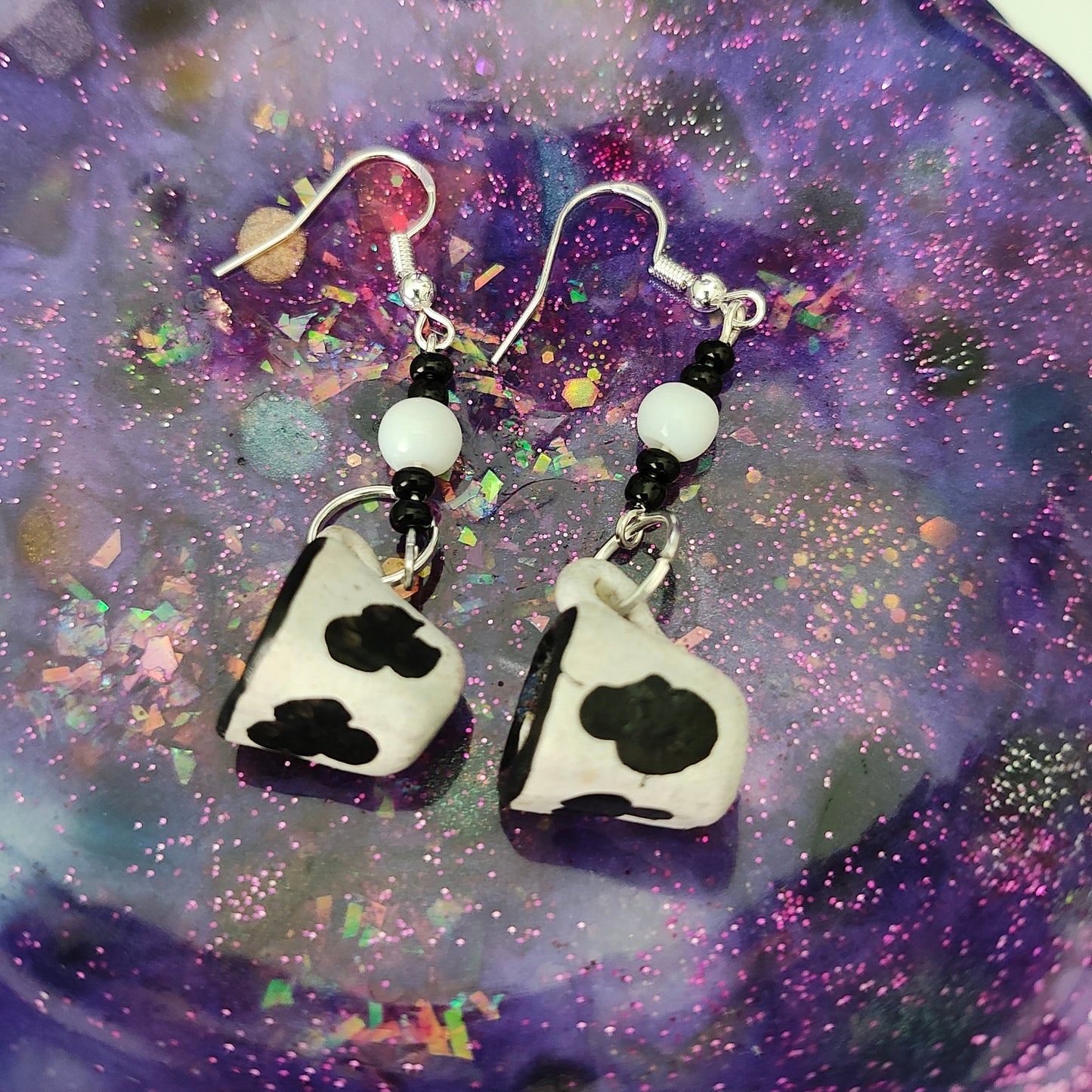 Earrings - Cow mug with beads on silver hook