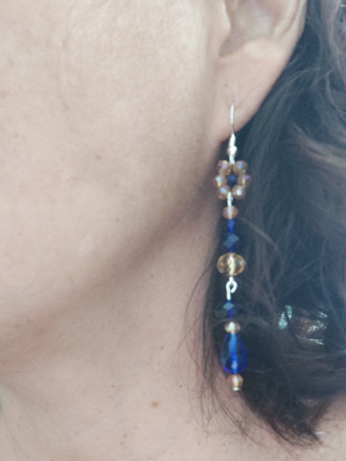 Earrings - Flower gold and navy long bead earrings on silver hook