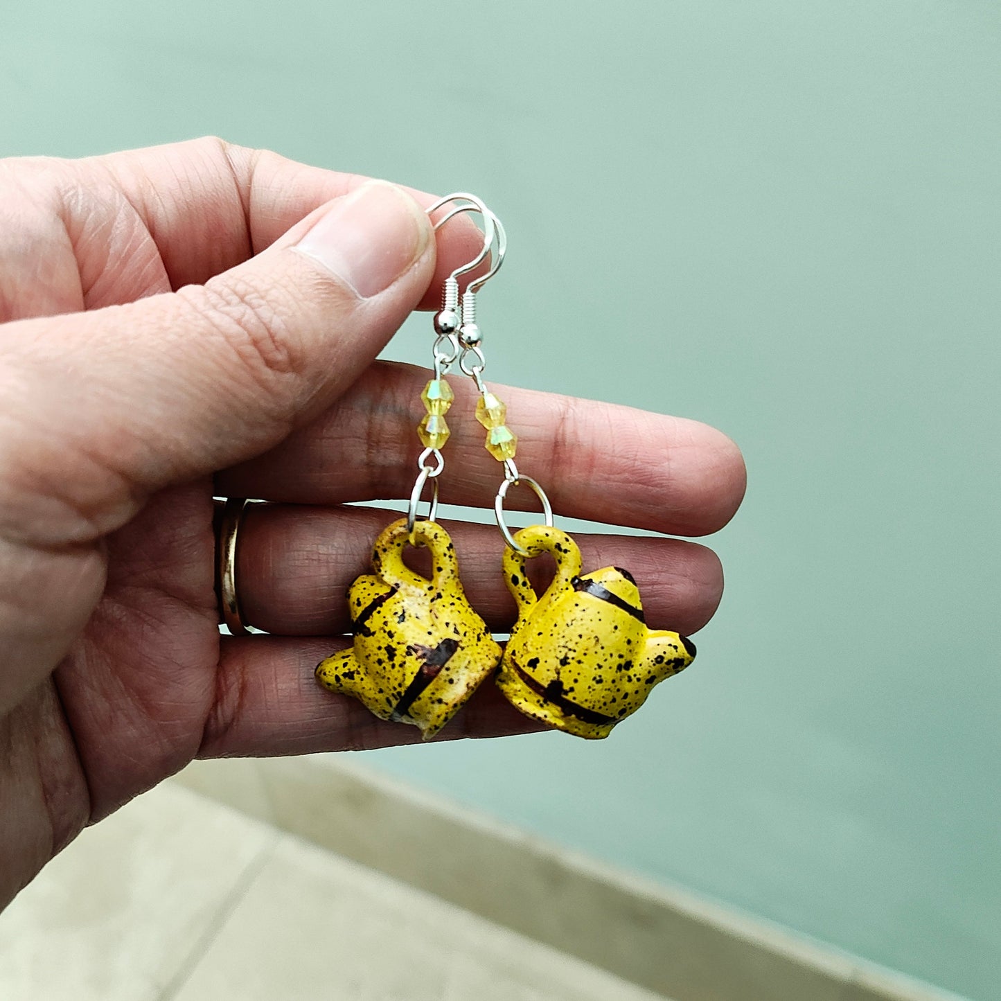 Earrings - Ceramic Kettle with beads on silver hook