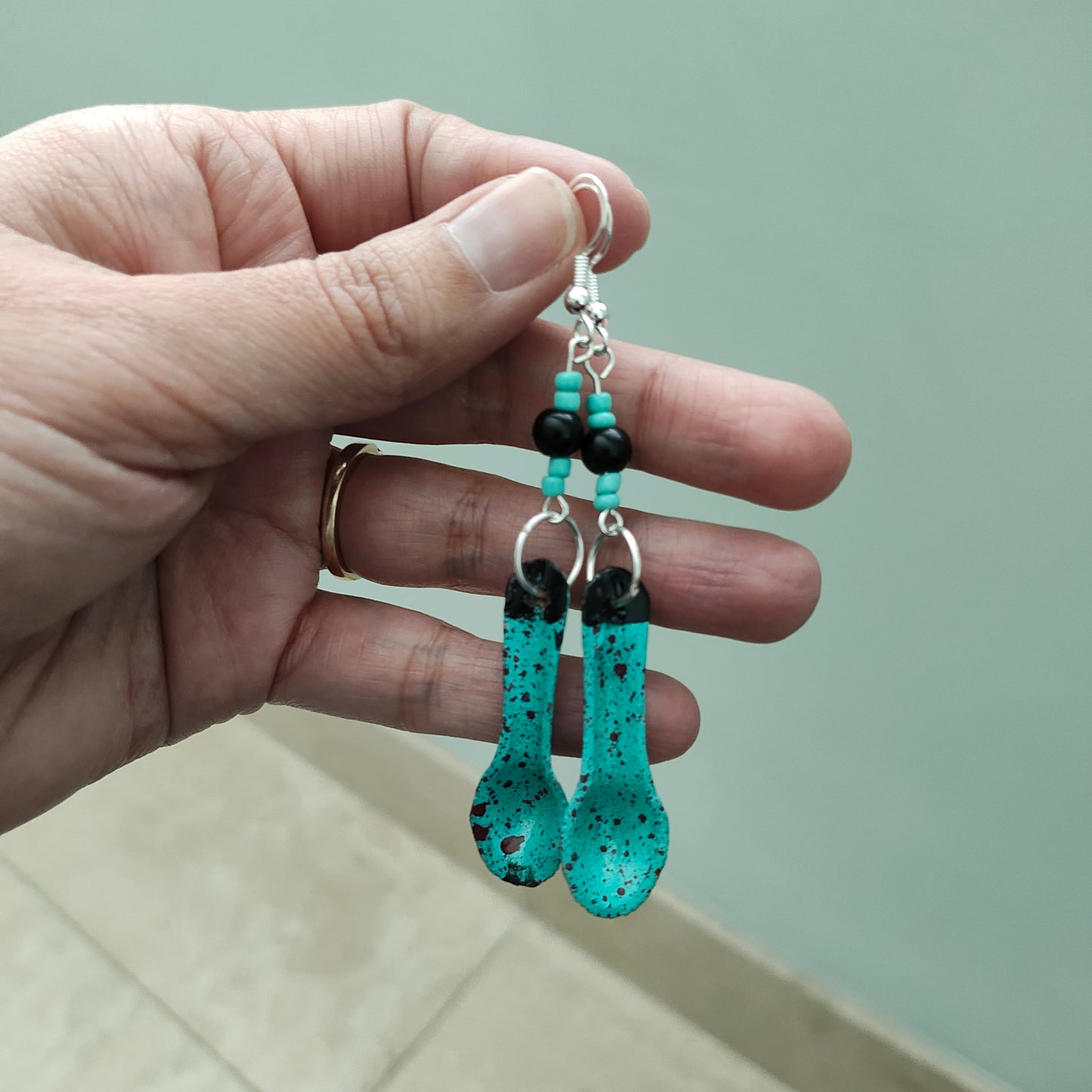 Earrings - Ceramic spoon with beads on silver hook