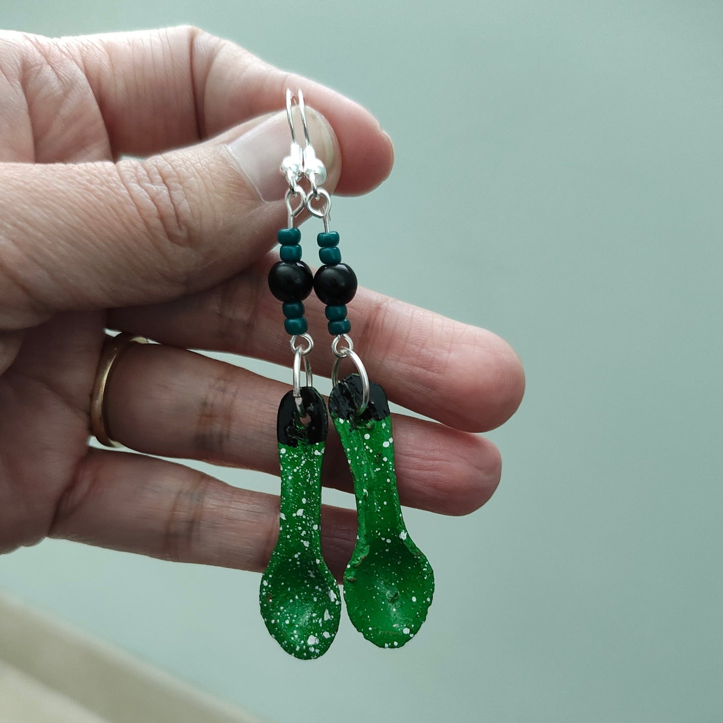 Earrings - Ceramic spoon with beads on silver hook