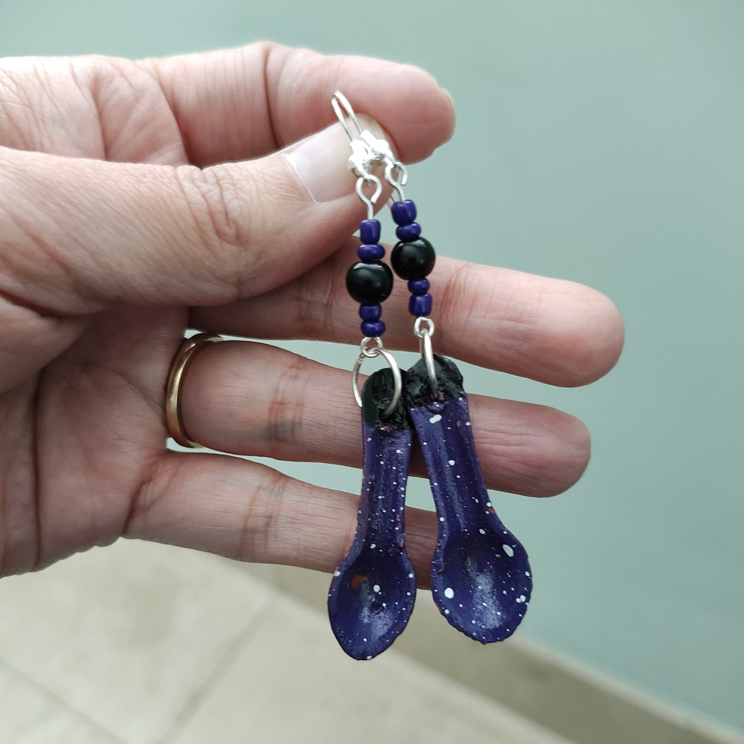 Earrings - Ceramic spoon with beads on silver hook