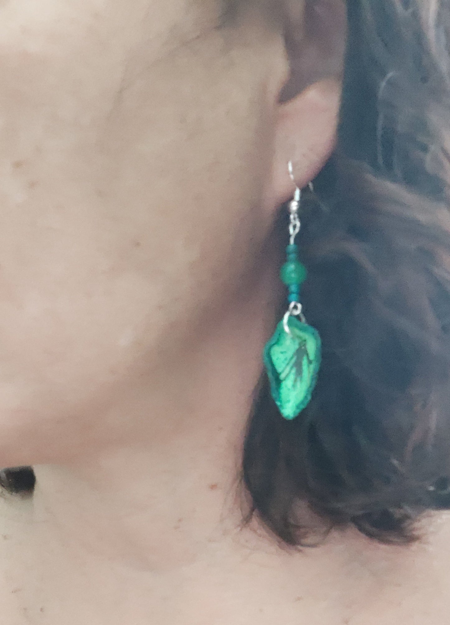 Earrings - Ceramic leaf with beads on silver hook
