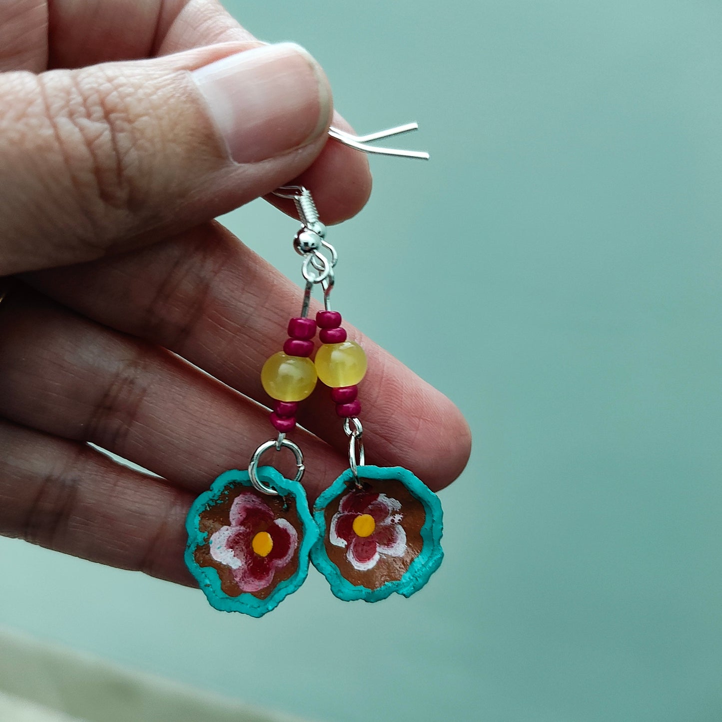 Earrings - Small Mexican plates with beads on silver hook