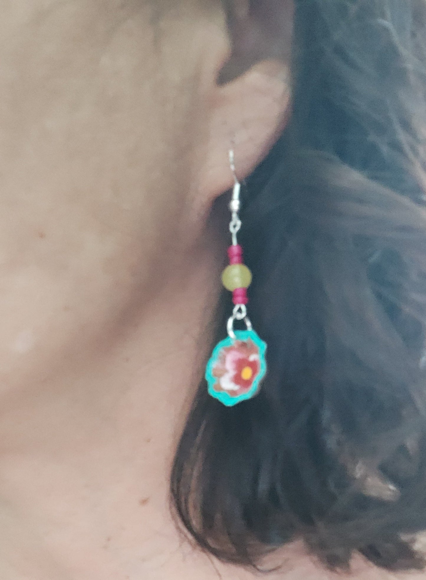 Earrings - Small Mexican plates with beads on silver hook