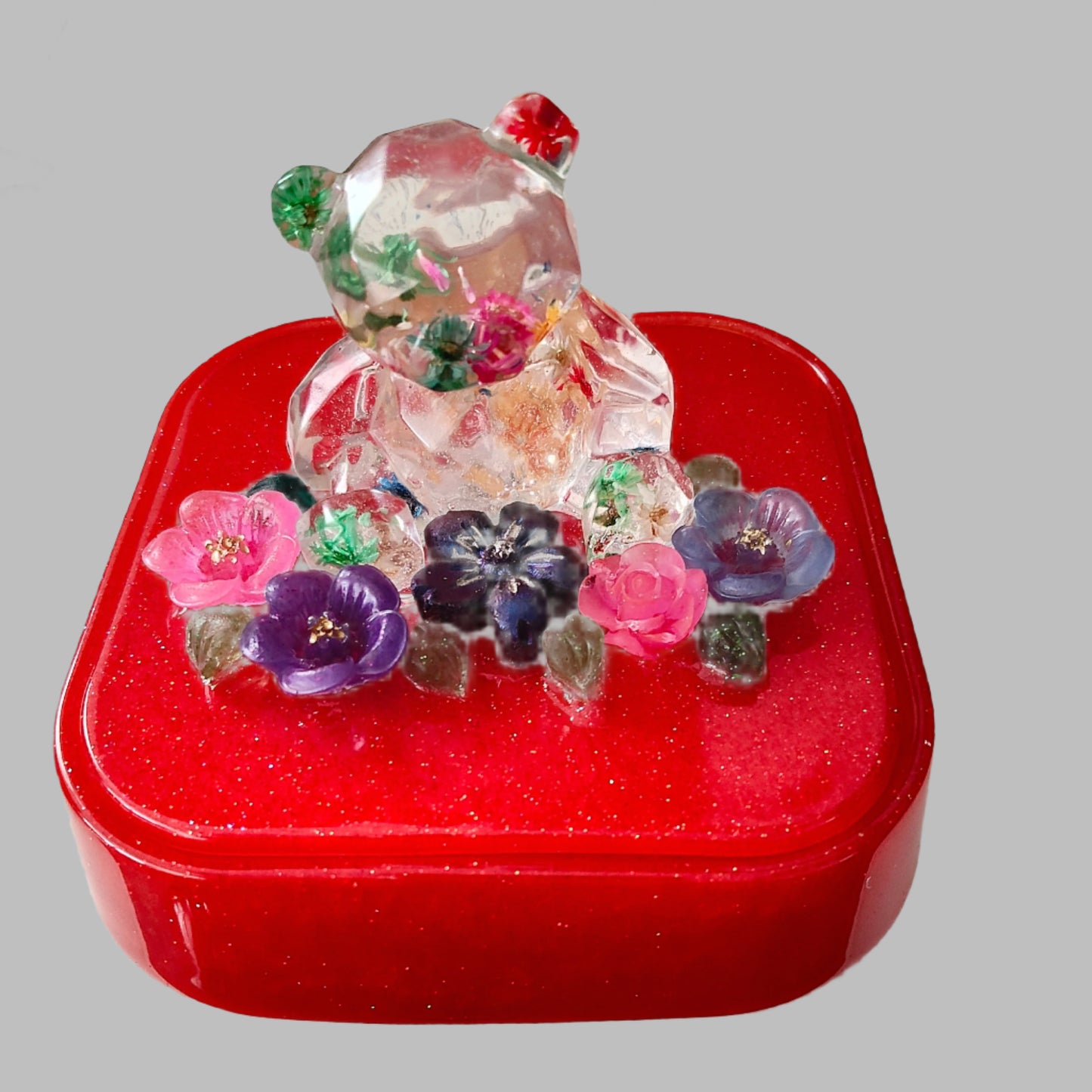 Knickknack - Large resin square jewelry box with bear & flowers lid