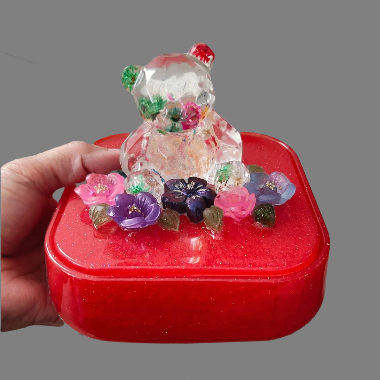 Knickknack - Large resin square jewelry box with bear & flowers lid