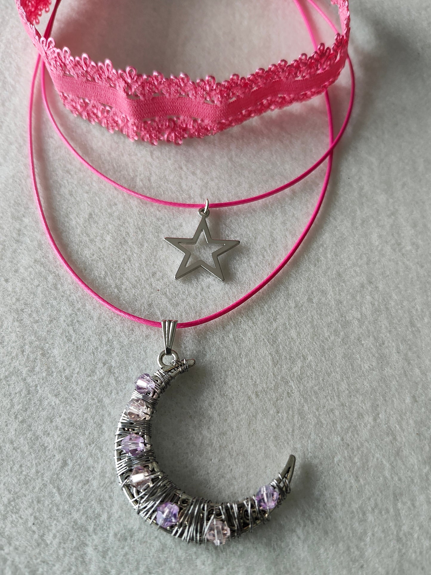 Necklace - Choker colored elastic lace ribbon with two polyester strands and a moon and star silver charm
