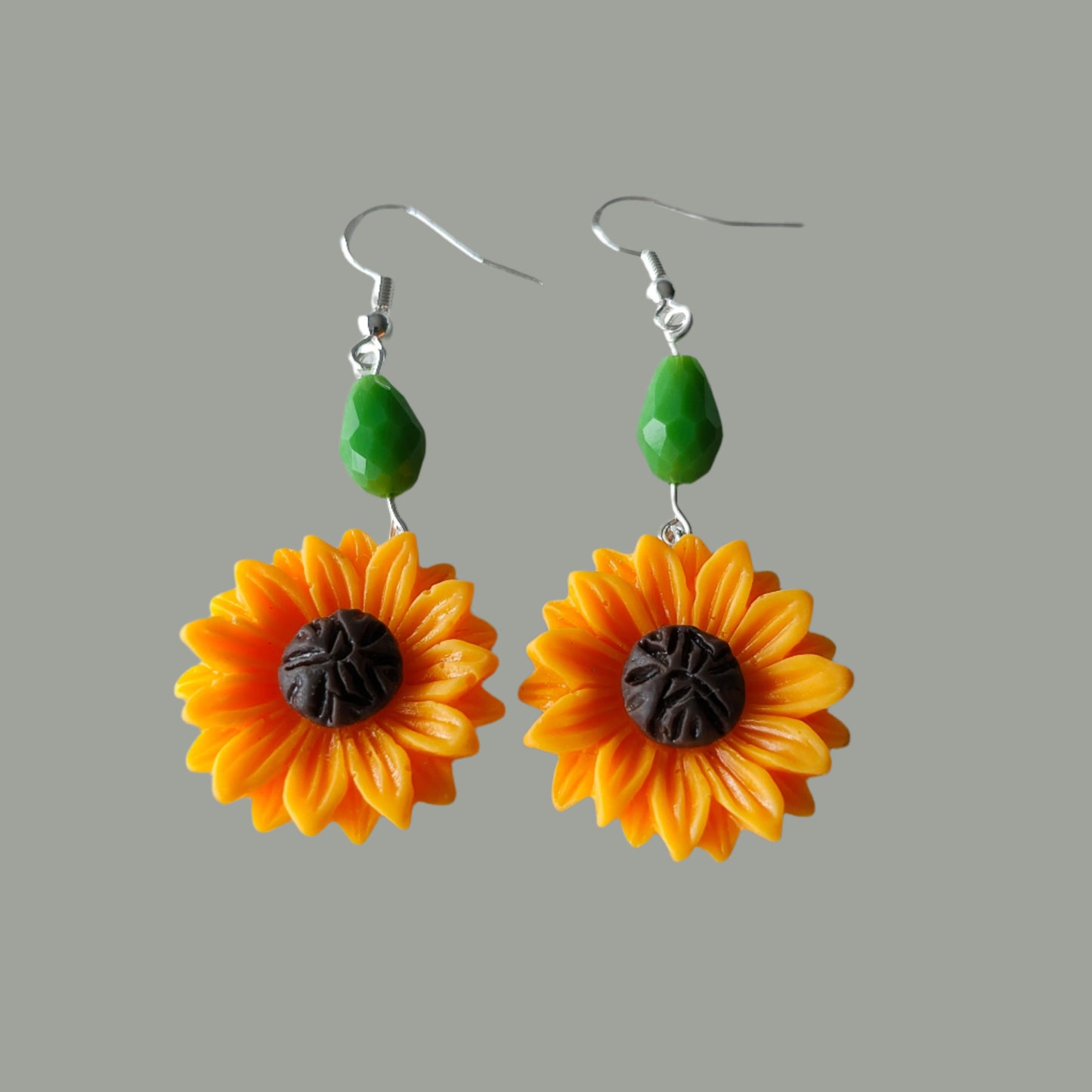 Earrings - Sunflower with green bead on silver hook