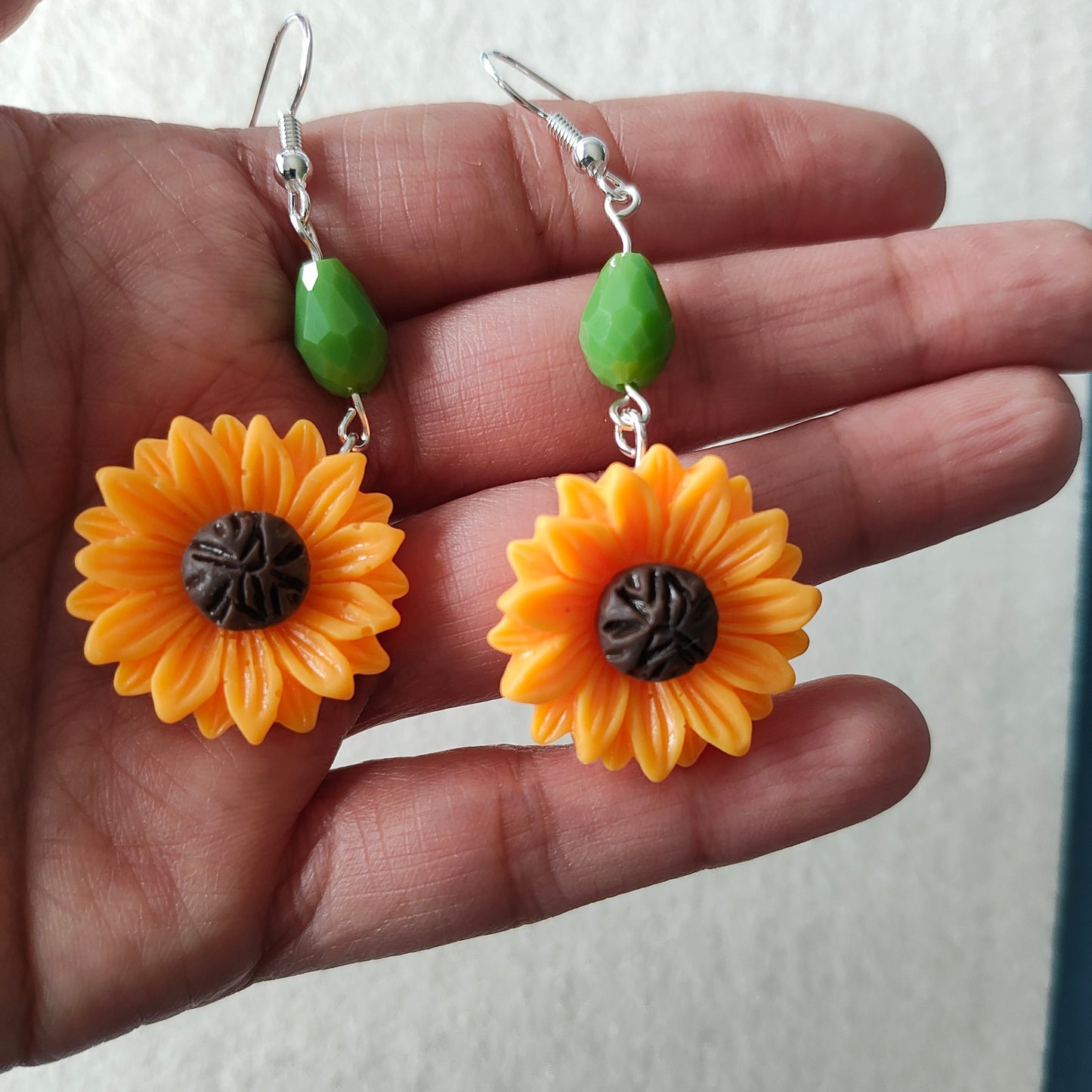 Earrings - Sunflower with green bead on silver hook