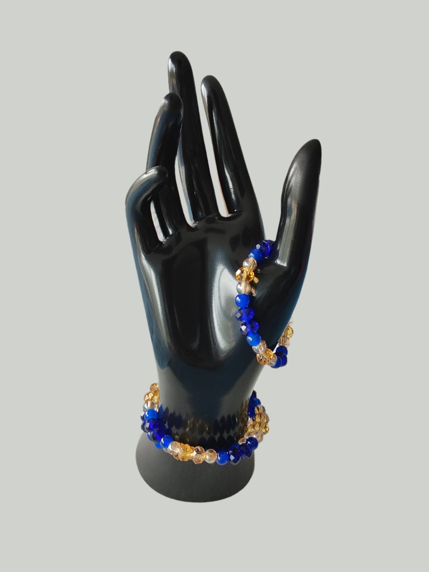 Bracelet - Elastic 6mm & 8 mm blue & gold glass beads