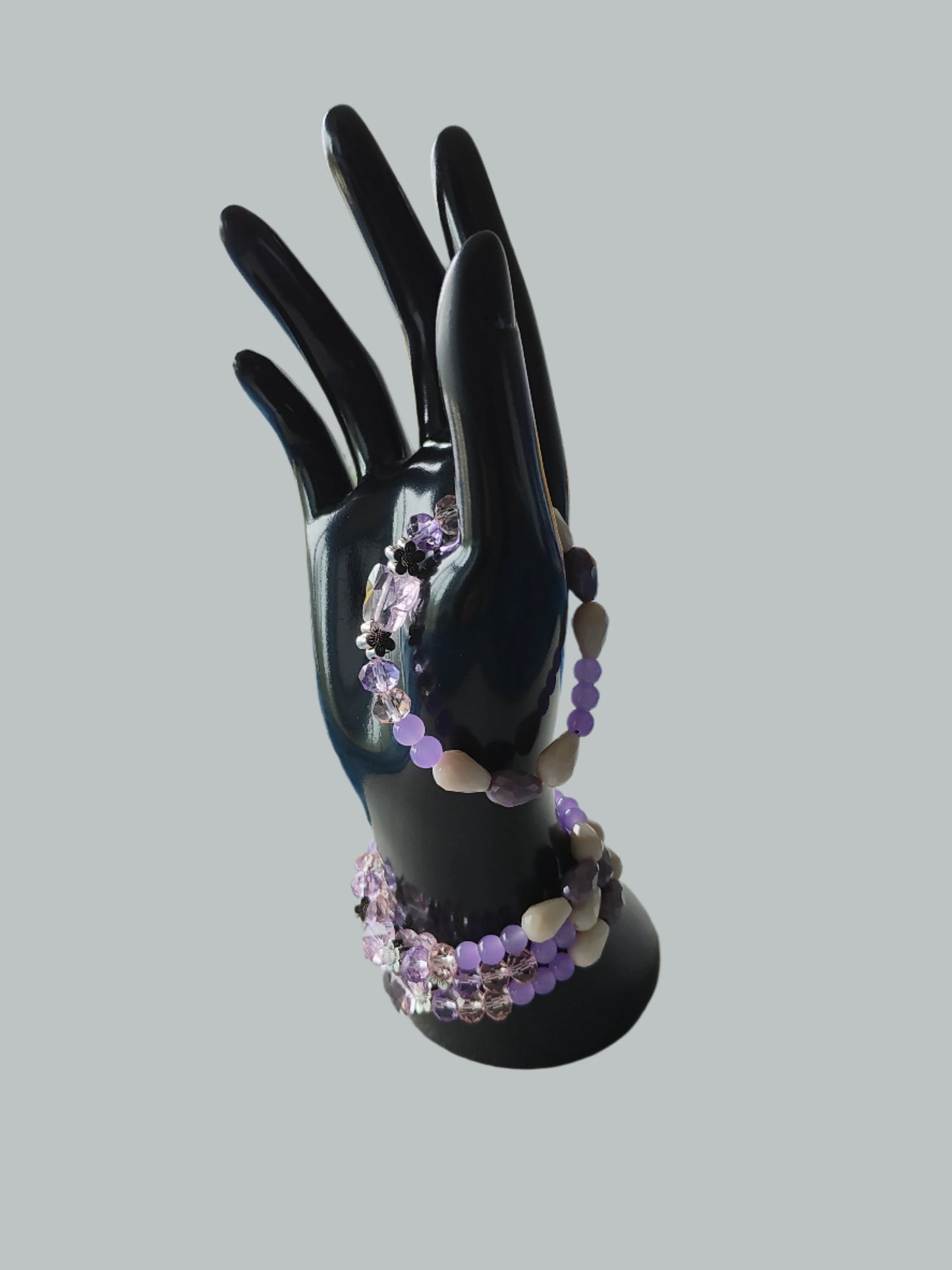 Bracelet - Elastic Crystal butterfly bead with pink and purple beads and flower metal spacer beads